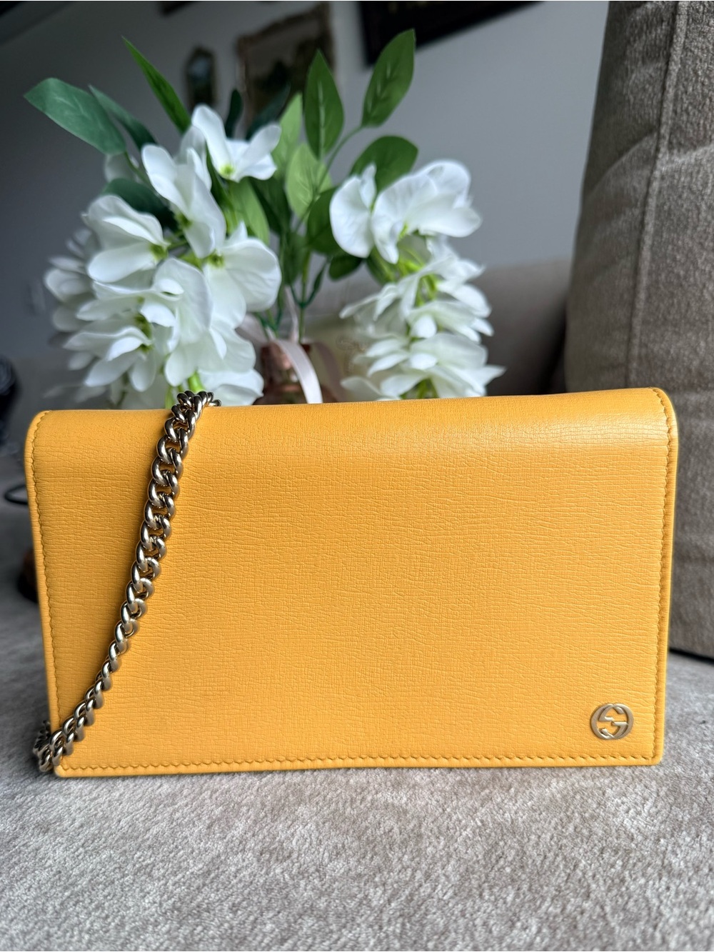 Gucci Gold Yellow Leather Wallet on Chain Shoulder or Crossbody Bag Authentic